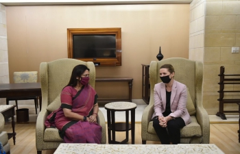 Minister of State Ms. Meenakashi Lekhi receiving the Danish PM H.E. Ms. Mette Frederiksen on her first State Visit to India. 