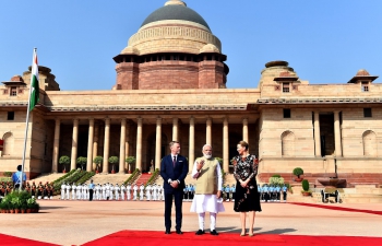 Prime Minister of Denmark H.E. Ms. Mette Frederiksen accorded ceremonial reception at Rashtrapati Bhavan in New Delhi 