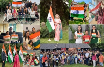 Proud Embassy of India team & their families in Denmark flying the Indian #Tricolor on the 76th Anniversary of India’s #IndependenceDay2023. All Indian nationals & diaspora members are invited to hoist the #Tiranga at their homes and upload their selfie at https://harghartiranga.com.