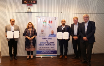 During the Vibrant Gujarat Roadshow in Copenhagen, an MOU to invest Rs. 1000 crores for manufacturing Green Methanol and Green Ethanol in the State of Gujarat was signed at Dansk Industri, in the presence of industry stakeholders.