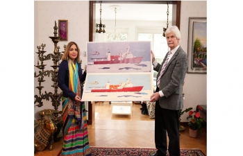 Embassy of India, Copenhagen was pleased to receive a beautiful impression of the ship Sagar Sampada from Mr. Jakob Brahe-Pedersen, Director at Brahe Design. Built in 1984 at the Dannebrog Shipyard in Aarhus, the ship is a wonderful symbol of India-Denmark collaboration.